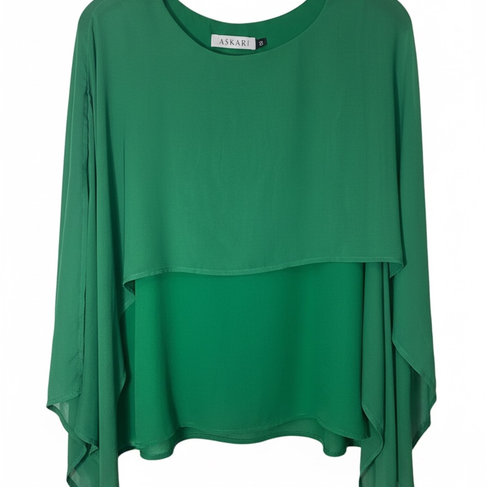 Askari Emerald Green Double Layer Chiffon Cape Sleeve Blouse Top XS